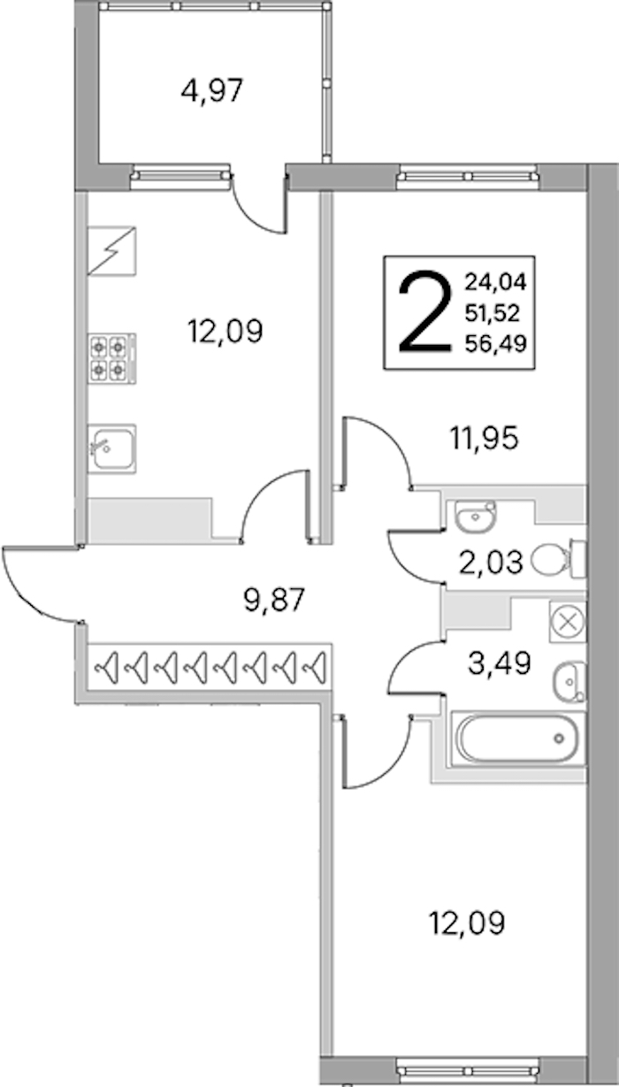 2-комнатная квартира 51.52 м², 3/5 эт., ЖК «ЮгТаун. Олимпийские кварталы»
